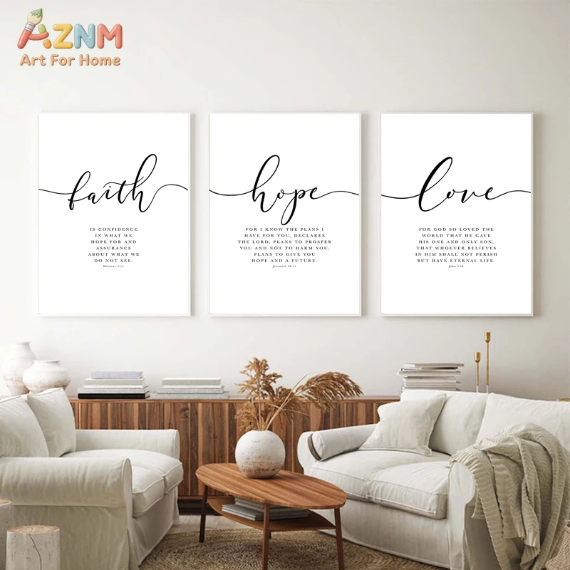 AZNM Faith Hope Love Canvas Wall Art Bible Verse Scripture Christian Minimalist Black White Religious Bedroom Unframed Home Deco