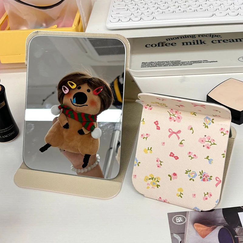 Desktop Makeup Mirror Floral PU Leather Simple Portable Handheld Makeup Mirror Foldable Student Compact Cute Pocket Mirror