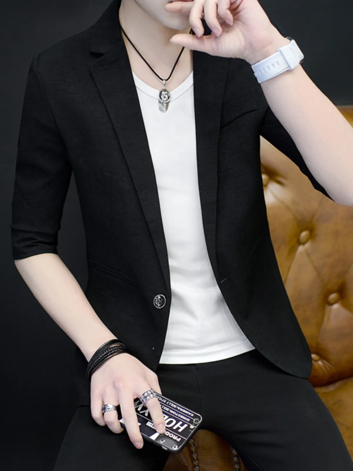 

Мужской летний деловой повседневный тонкий пиджак из хлопка, льна и ледяного шелка, цветной, с рукавом три четверти, стандартный крой, элегантный топ