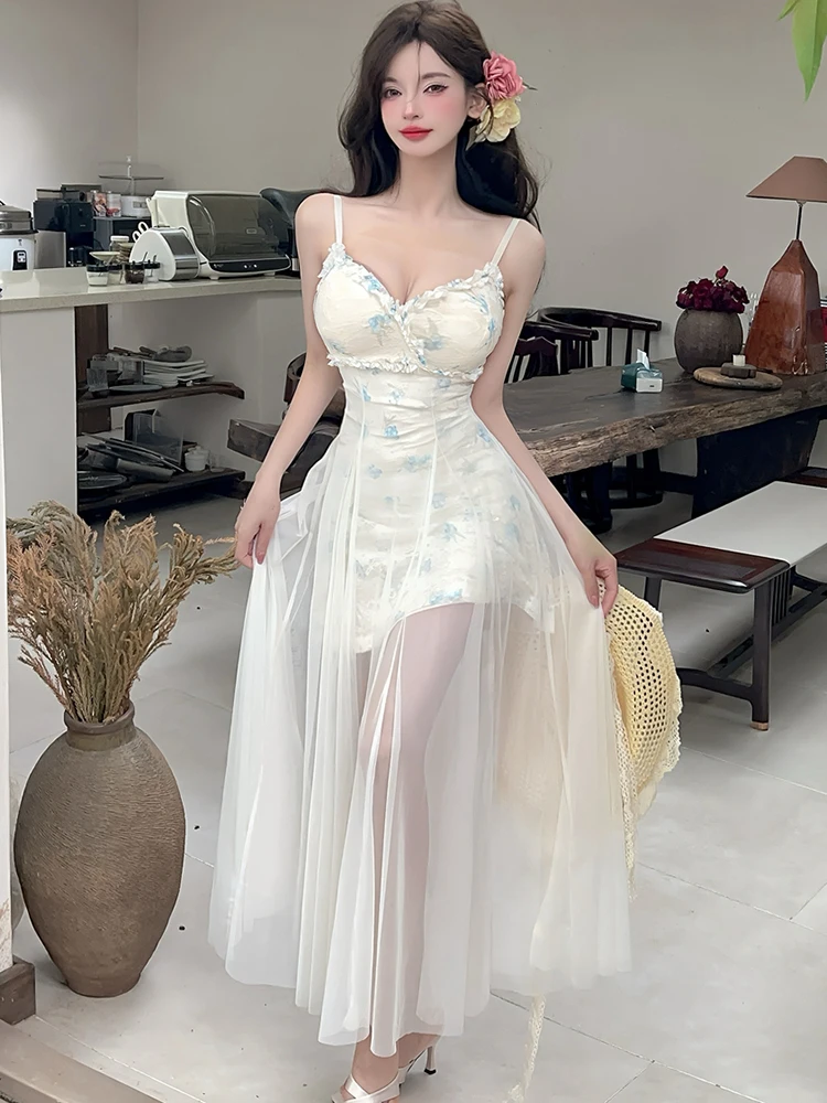 2025 موضة جديدة الجاكار المرقعة شبكة ماكسي فساتين الصيف أنيقة Bodycon فستان بكتافة غير رسمية المرأة الكورية نمط الشاطئ فساتين