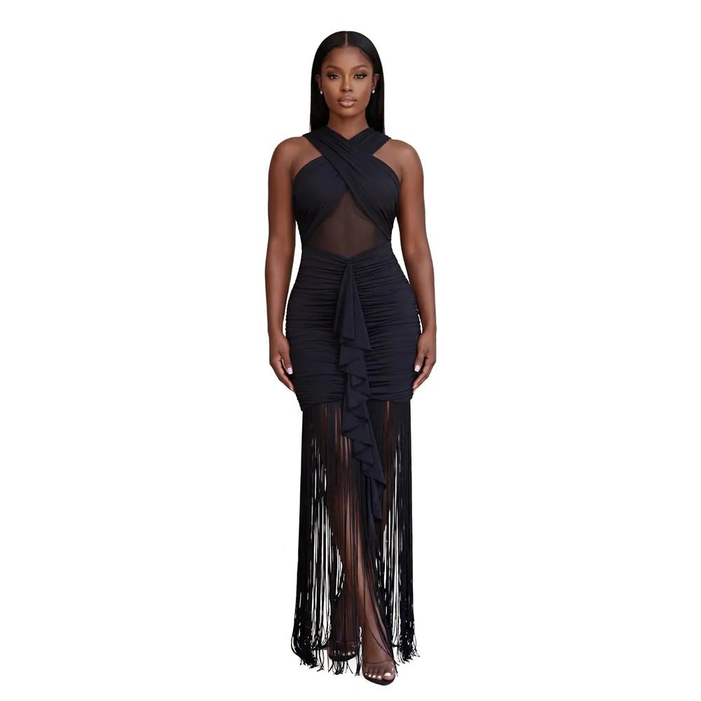 Robe longue moulante tendance pour femme HBLL avec franges et bretelles croisées, idéale pour les soirées estivales, les cocktails et les fêtes.
