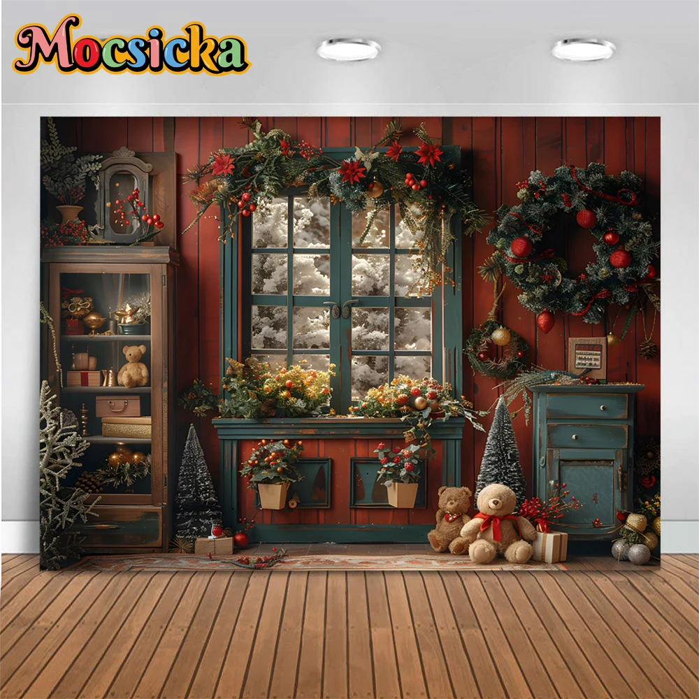 Mocsicka Background for Christmas Photography Red Wooden Wall Toy Bear Window Backdrop Decor Kids Newborn Winter Photo Studio