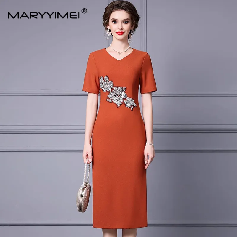 MARYYIMEI Spring Summer Fashion Women\'s Pencil Dress Short Sleeved Beading Sequins Slim-Fit Hip Wrap Commuter Dresses