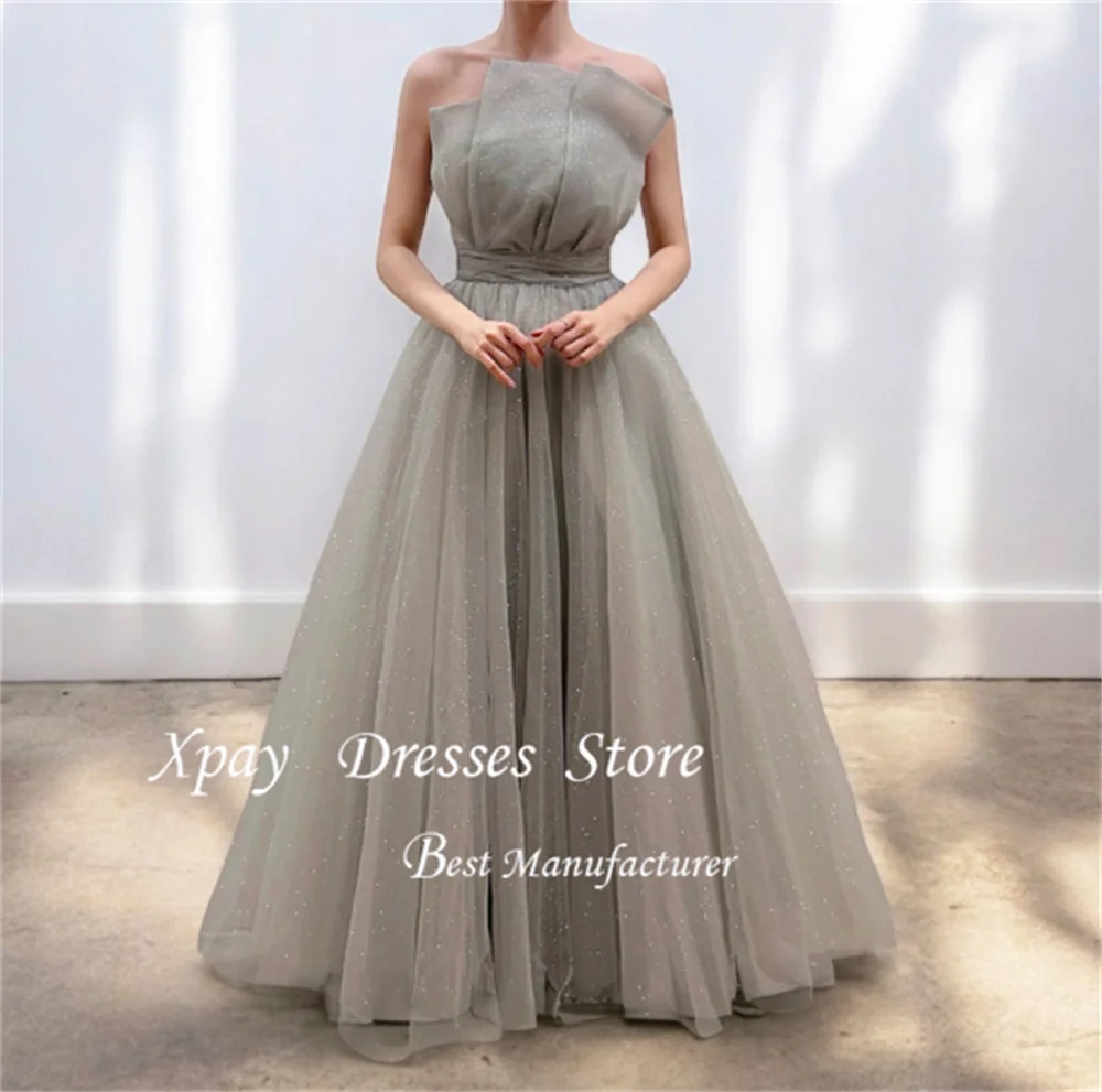 XPAY Brillante volant senza spalline Corea A-Line Abiti da festa Servizio fotografico Cintura Elegante lunghezza pavimento Abiti da sera personalizzati