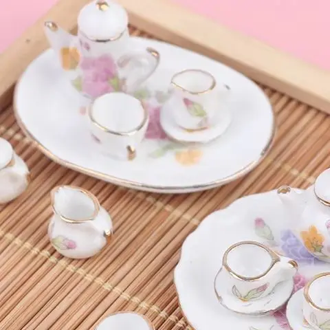 

8PCS 1/12 Miniature Dollhouse pink Flower Patten Porcelain Coffee Tea Cups Ceram