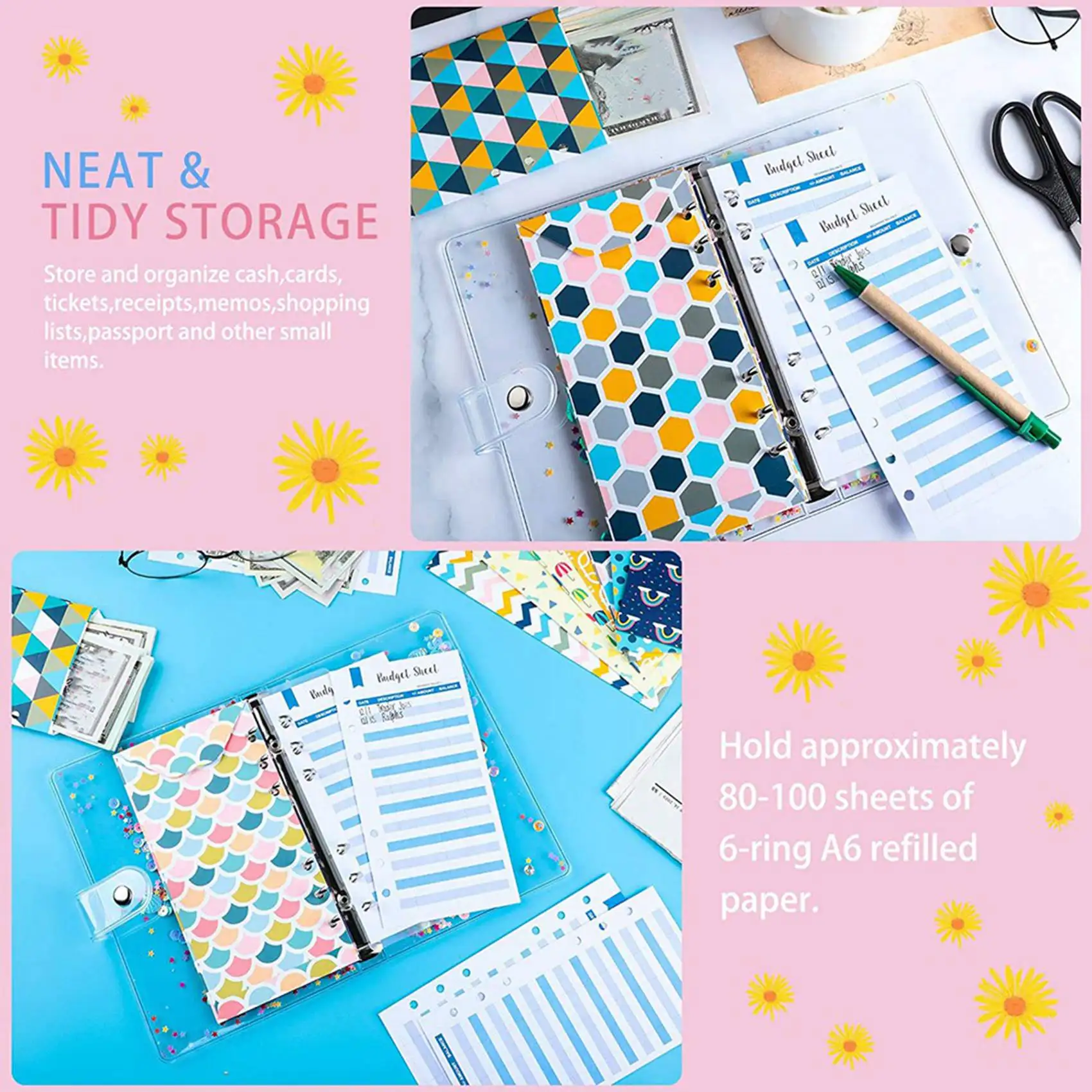 48 Pieces Budget Envelopes A6 Binder Pockets For Cash Envelope System,Budget Planner,Cash Envelope Wallet With Stickers