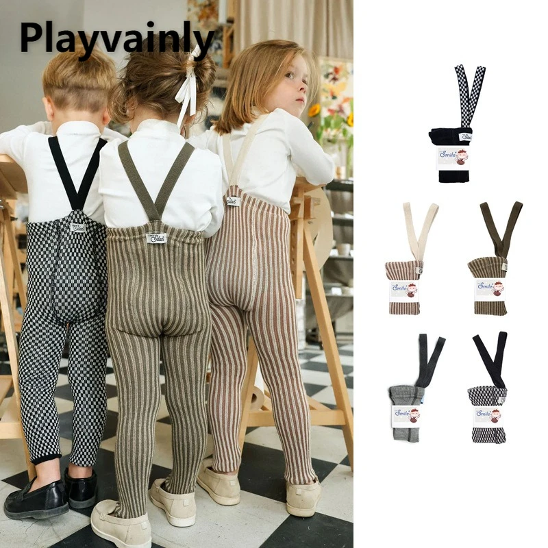 

Toddler Kids Suspender Leggings Autumn Winter Plaid Stripe Knitted Overalls Boys Girls Casual Elastic Waist Skinny Pants W5341