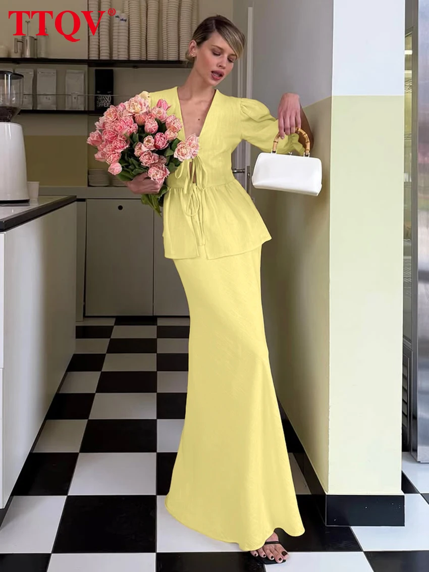

TTQV Summer Loose Yellow Cotton Women's Two Pieces Set 2026 Sexy Short Sleeve Shirt With High Waist Maxi Skirt Set Female