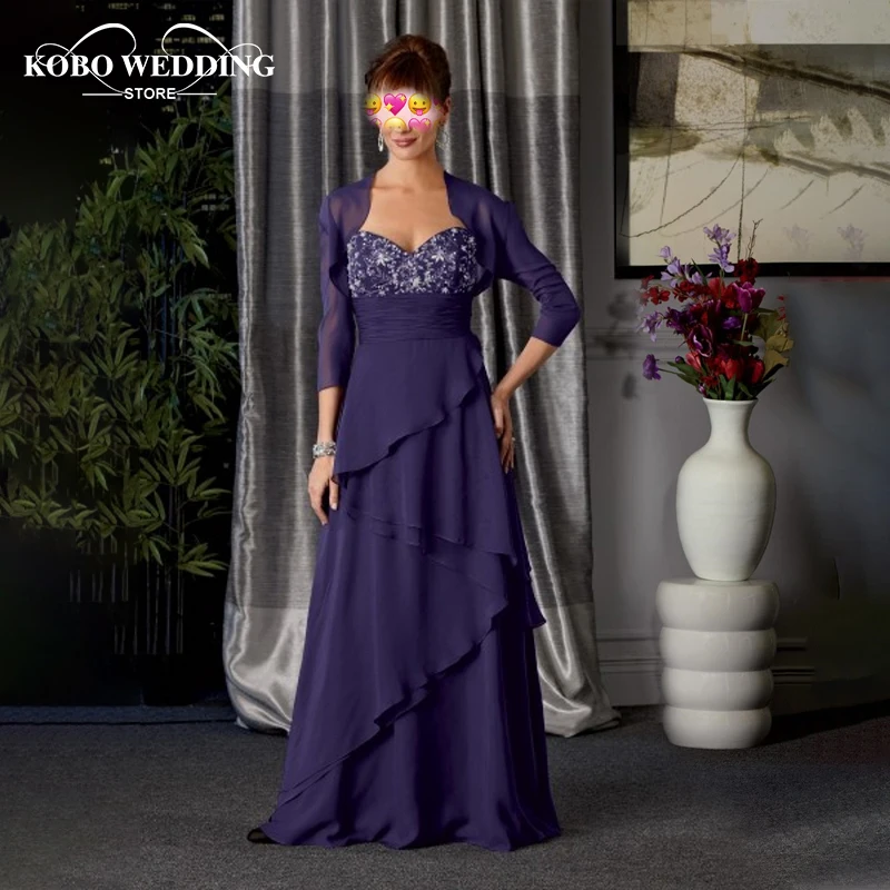 

Purple Mother of Bride Dresses with Jacket Evening Dresses For Weddings vestido de festa para mae da noiva Chiffon Layers