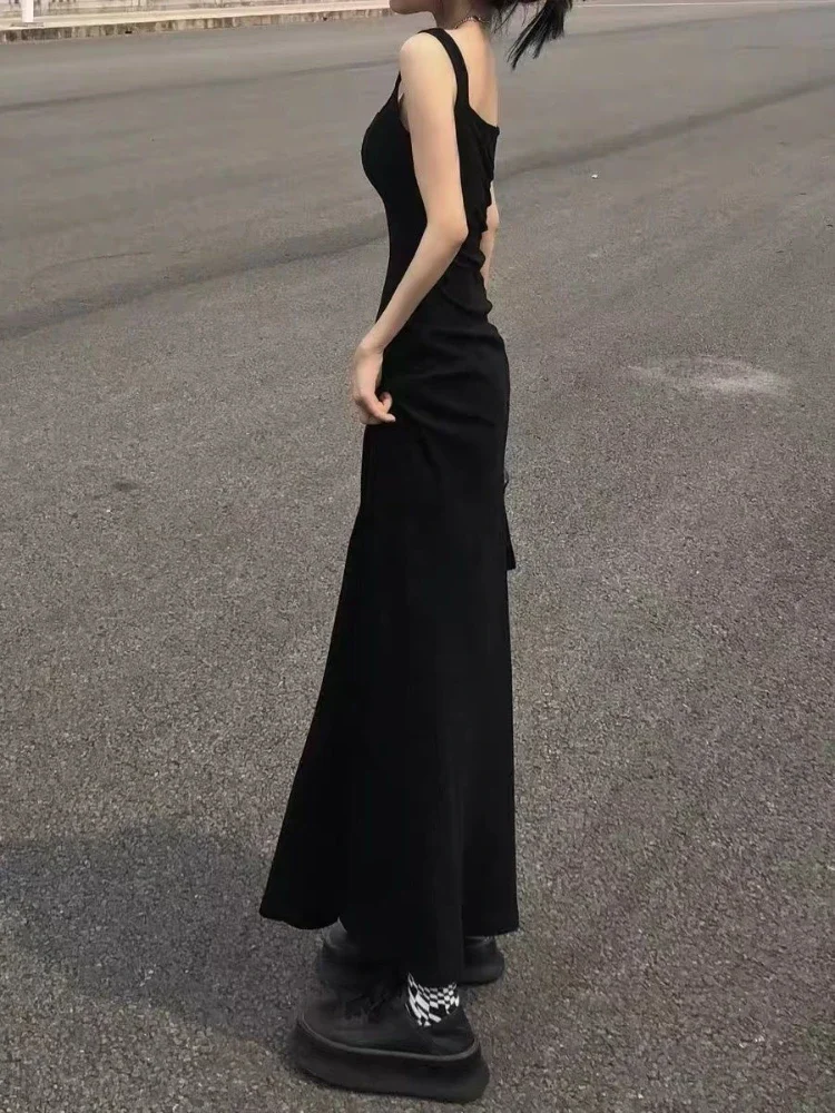 Vestidos largos negros para mujer, vestido veraniego sencillo a la moda, elegante, con cuello cuadrado, estilo francés, Sexy, sin espalda, informal, básico, nuevo