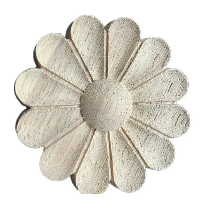 1PC 5-7cm Carved Flower Carving Round Wood Appliques for Furniture Cabinet Unpainted Wooden Mouldings Decal Decorative Figurine