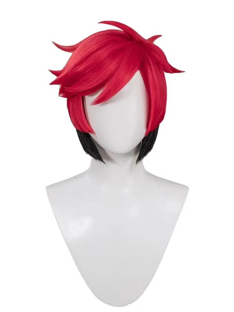 Hochwertige Alastor Cosplay Perücke Rot Schwarz Hitzebeständiges Kunsthaar Anime Cosplay Perücken + Perückenkappe