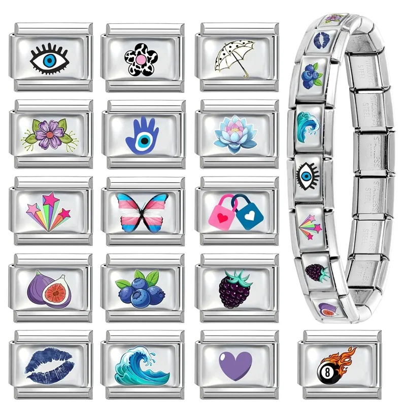 Wholesale Women Fashion Blue Pattern Sea Wave Blueberry Eyes Italian Charm Fit 9mm Stainless Steel Bracelet Jewelry Making DIY