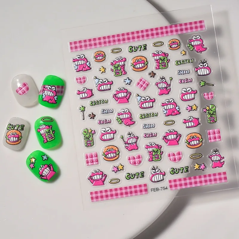 

Crayon Shinchans Cute Waniyama Nail Stickers Anime Women Creative 5D Relief Nail Decoratiive Finger Stickers Art Decoration