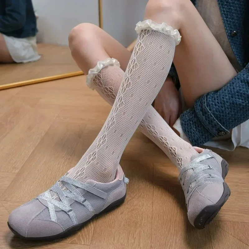Lace Mesh Calf Socks Women Floral Hollow Stockings Ribbon Trim Sheer Breathable Nylon Mid Calf Socks Vintage Sweet Summer Socks view 6