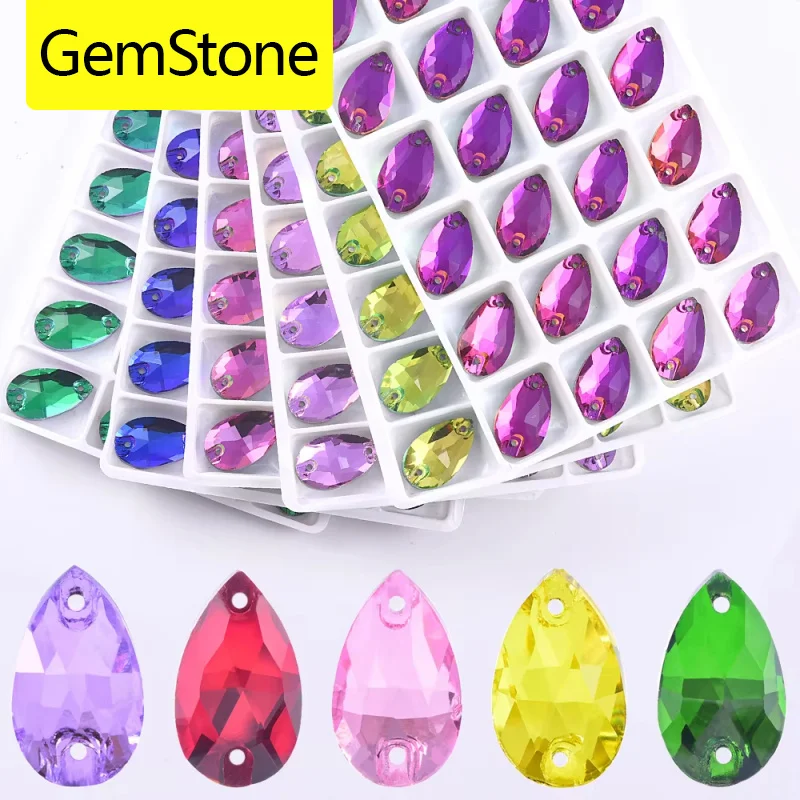 GemStone lágrima cristal coser en diamantes de imitación con agujeros brillo Strass cristales accesorios de costura para vestido de novia