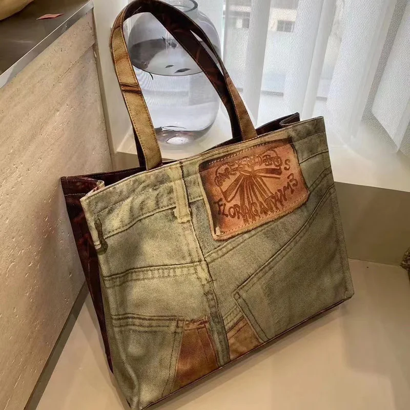 2024 Spring and Summer New Retro Distressed Printed Shopping Bag Casual Canvas Large Bag Tote Bag Mommy Bag Women's Fashion Bag