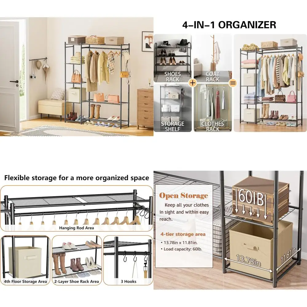 Wardrobe Closet,Portable Clothes Rack with 4 Tiers Shelves,Freestanding Closet Organizers and Storage System with Hanging Rods,S