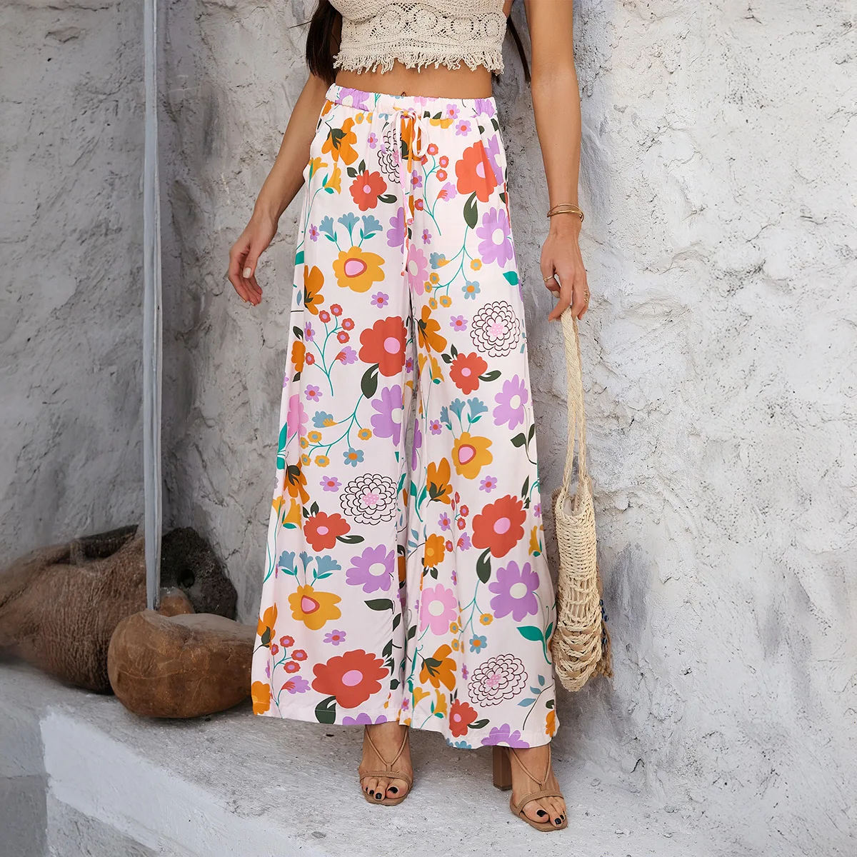 2025 Women's Clothing Summer Bohemian Resort Style Printed Peplum Casual Pants