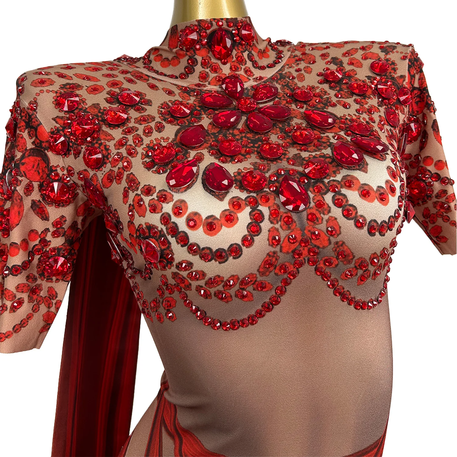 

Red Sparkly Rhinestone Print Long Sexy Bodycon Evening Gown Elegant Polyester Robe Party Birthday Photo Shoots Wear hongsirong