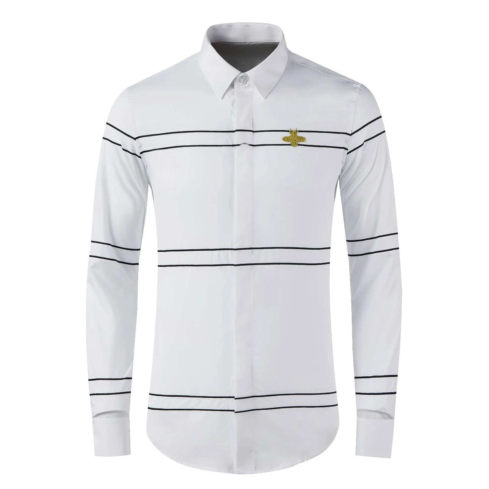 Brand Striped Bee Embroidered Shirt Men Long Sleeve Slim Fit Cotton Casual Shirts High-quality Banquet Party Men Clothing M-4XL