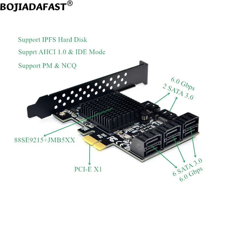 8 x SATA 3.0 Connector to PCI Express X1 PCI-E 1X Expansion Riser Card 6Gbps 88SE9215 JMB575 For Hard Disk Drive HDD SSD