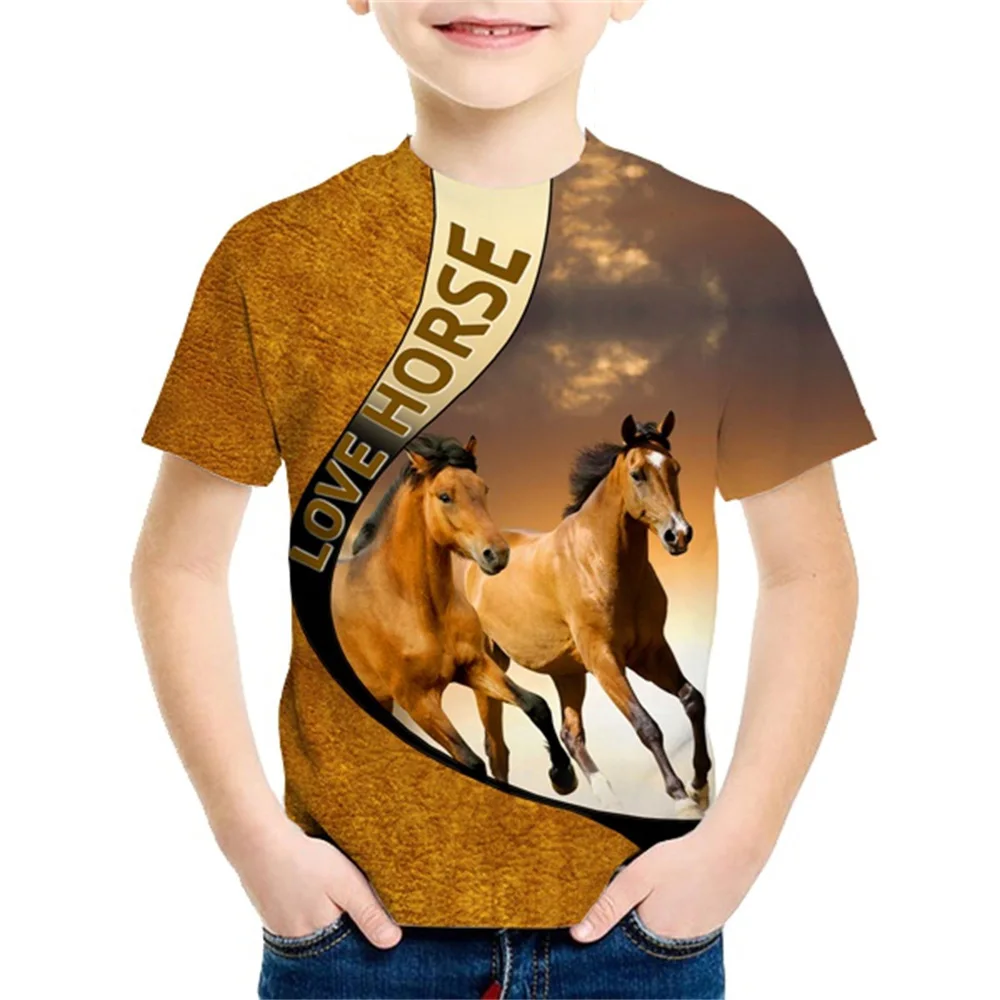 2024 Kids Clothes Children\'s Clothing Horse Print T-Shirt for a Boy Casual Baby Short Sleeves Tees Tops Children Summer Clothes