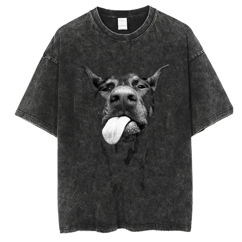 Men Washed Vintage Short Sleeve T Shirts Hip Hop Rottweiler Doberman Graphic T-Shirt Men's Cotton Oversized Tee Shirt Streetwear