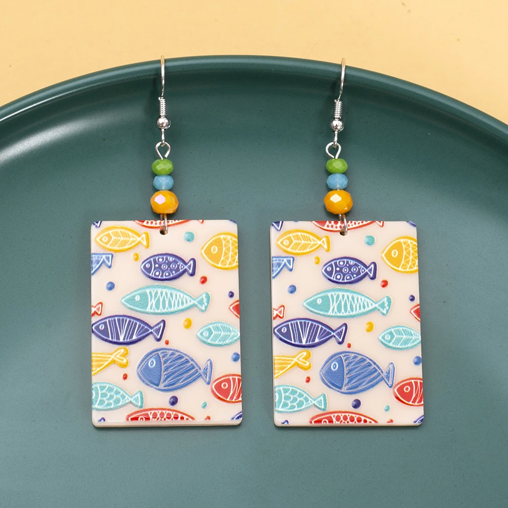 New Fashion Gorgeous Colorful Beach Summer Vacation Style Cartoon Fish Pattern Acrylic Earrings For Women Dangle Drop Jewelry