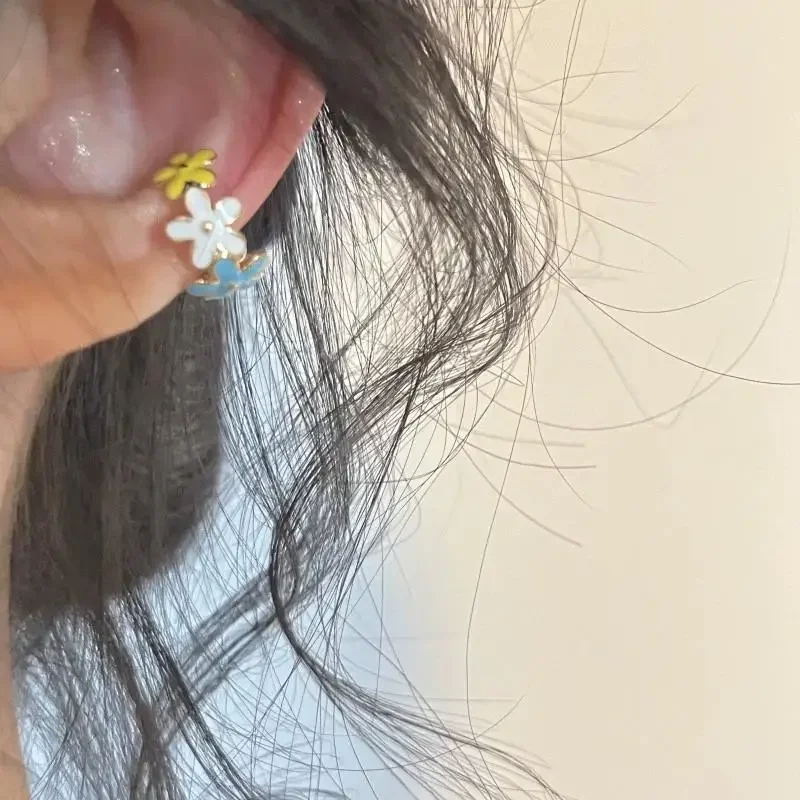 1PC Kpop Goth Y2k Aesthetic Cute Vintage Glazed Colorful Flower Ear Cuff Earcuff Fake Piercing Earring Women Jewelry Accessories