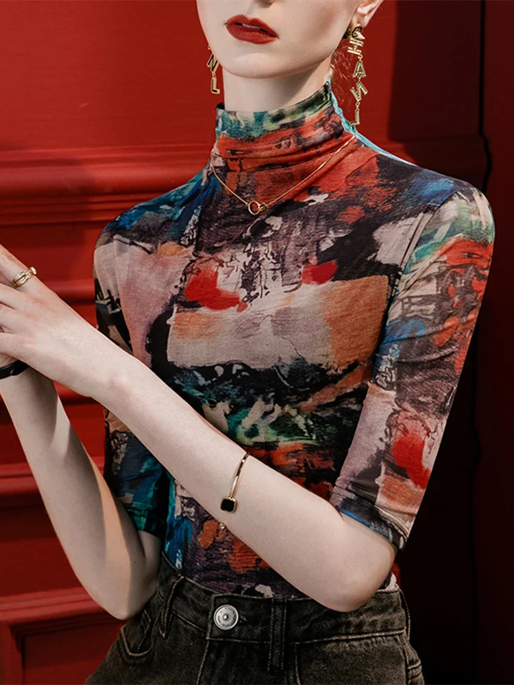 Winsleter Streetwear Tshirt Half Sleeve Elastic Tshirts Women Sexy Turtleneck Printed Slim Mesh Tops Autumn Winter T38472JM