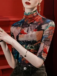 Winsleter Streetwear Tshirt Half Sleeve Elastic Tshirts Women Sexy Turtleneck Printed Slim Mesh Tops Autumn Winter T38472JM