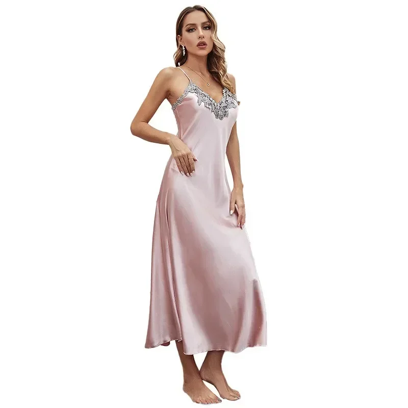 Spring and summer simulation silk nightgown, home wear fashionable and simple lace dress, women\'s V-neck wearing suspender skirt