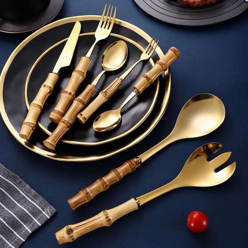 7Pcs Nature Bamboo Gold Cutlery Set Stainless Steel Creativity Gift Silver Flatware 304 Knife Salad Fork Spoon Drop Shipping