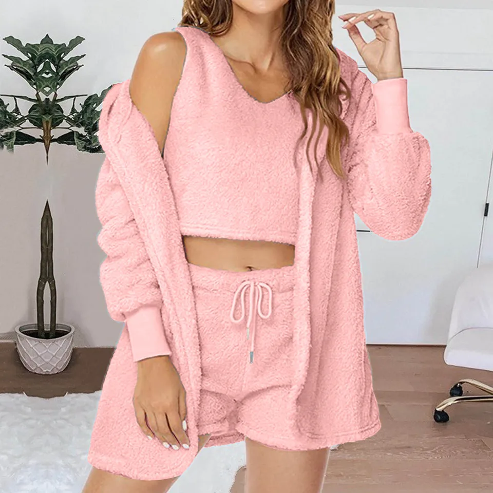 3 Piece Women's Plush Warm Pajama Set