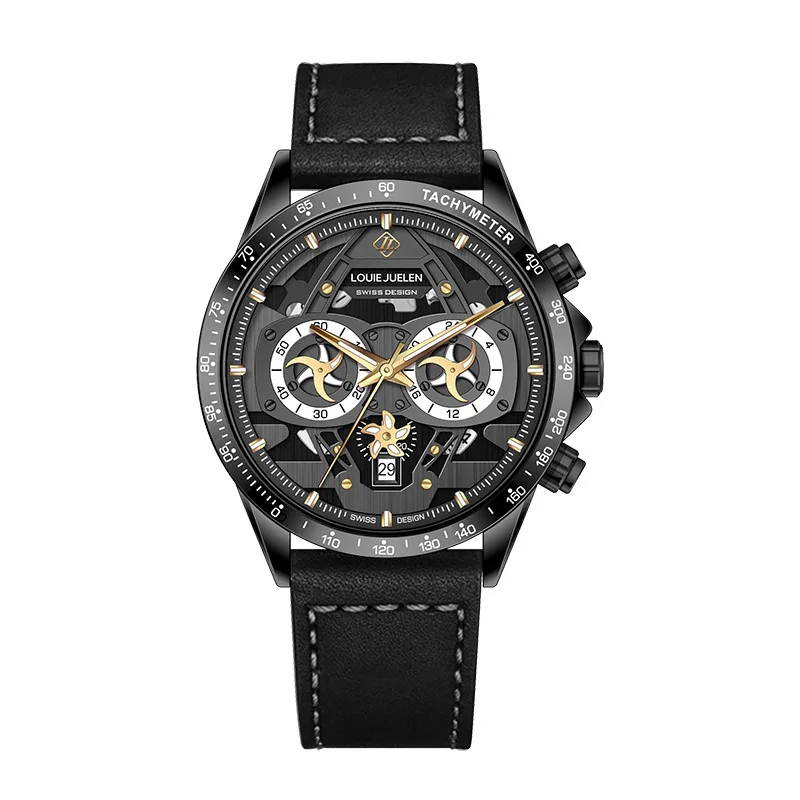 Men Chronograph Quartz Watch 3 Dials 6 Hands Luminous 30M Waterproof Mineral Glass Leather Strap Sport Male Wrist Watch