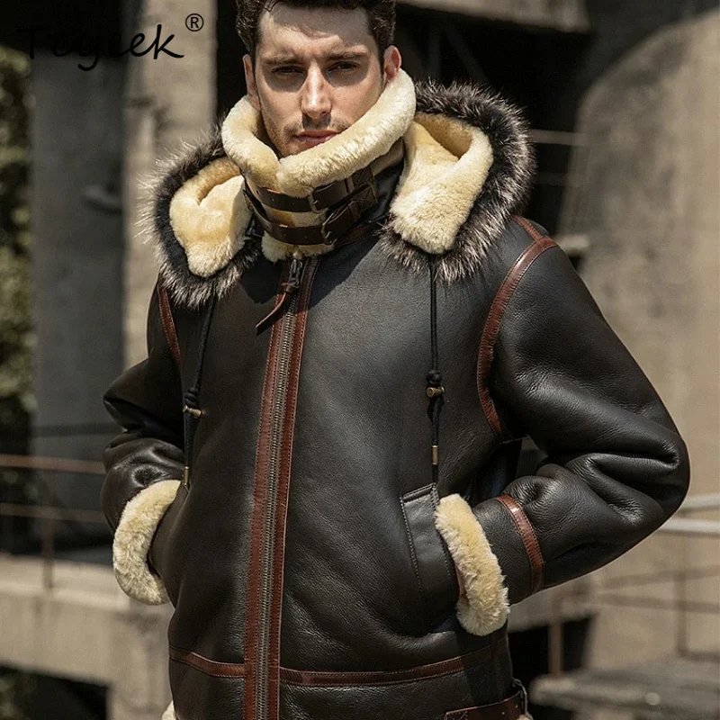 Tcyeek Natural Merino Sheepskin Fur Coat Men Hoodie Real Fur Mens Coats Fashion Winter Clothes Raccoon Fur Collar 18mm Thickened