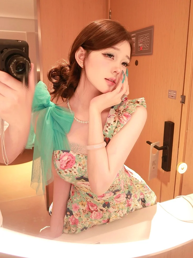

Elegant Floral Halter Dress Women's Birthday Gift Heavy Embellishment Bow Waist Cinching Summer Spring Autumn Polyester Fiber