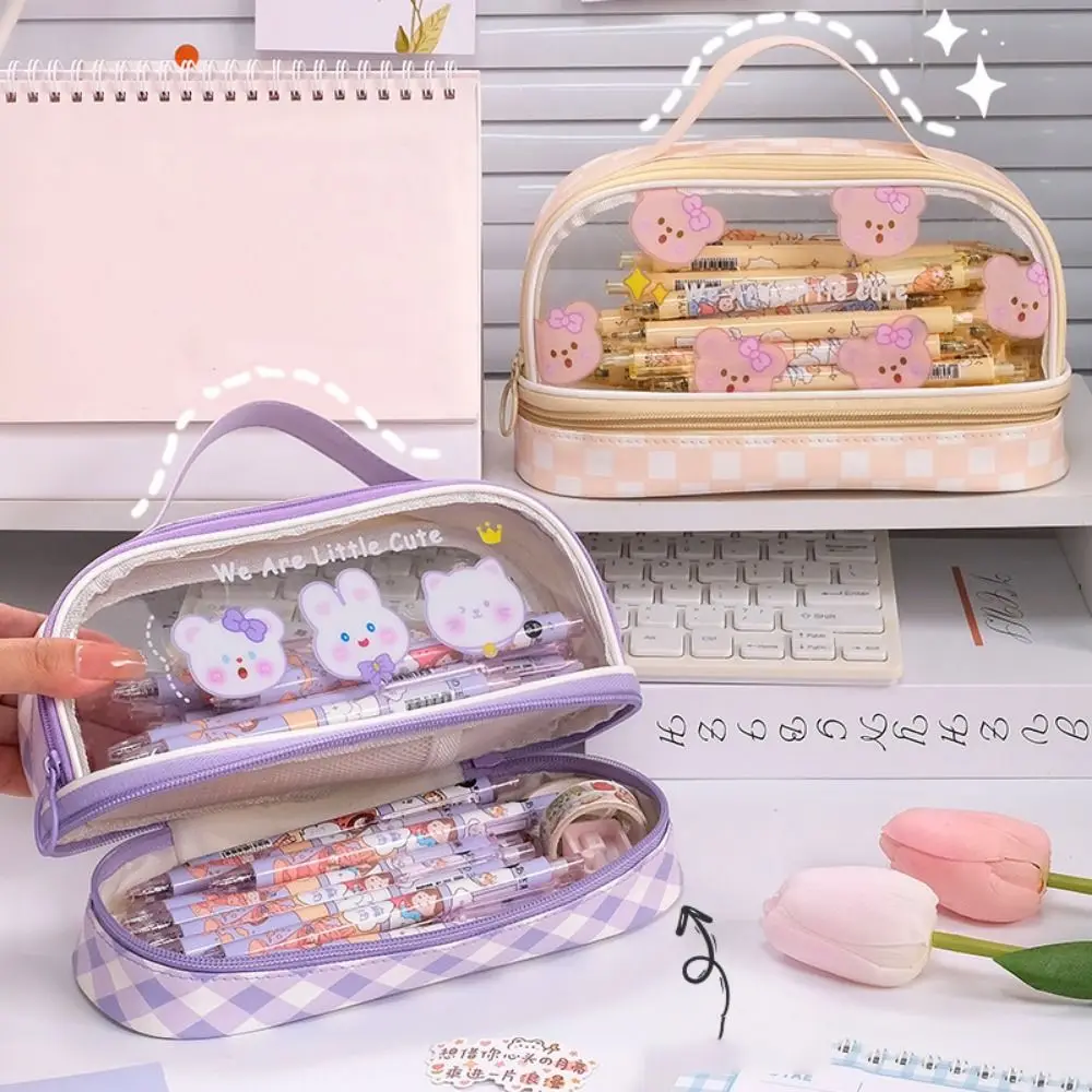 PU Cartoon Pencil Bag Chessboard Pattern Transparent Transparent Stationery Bag Cartoon Bear Korean Style