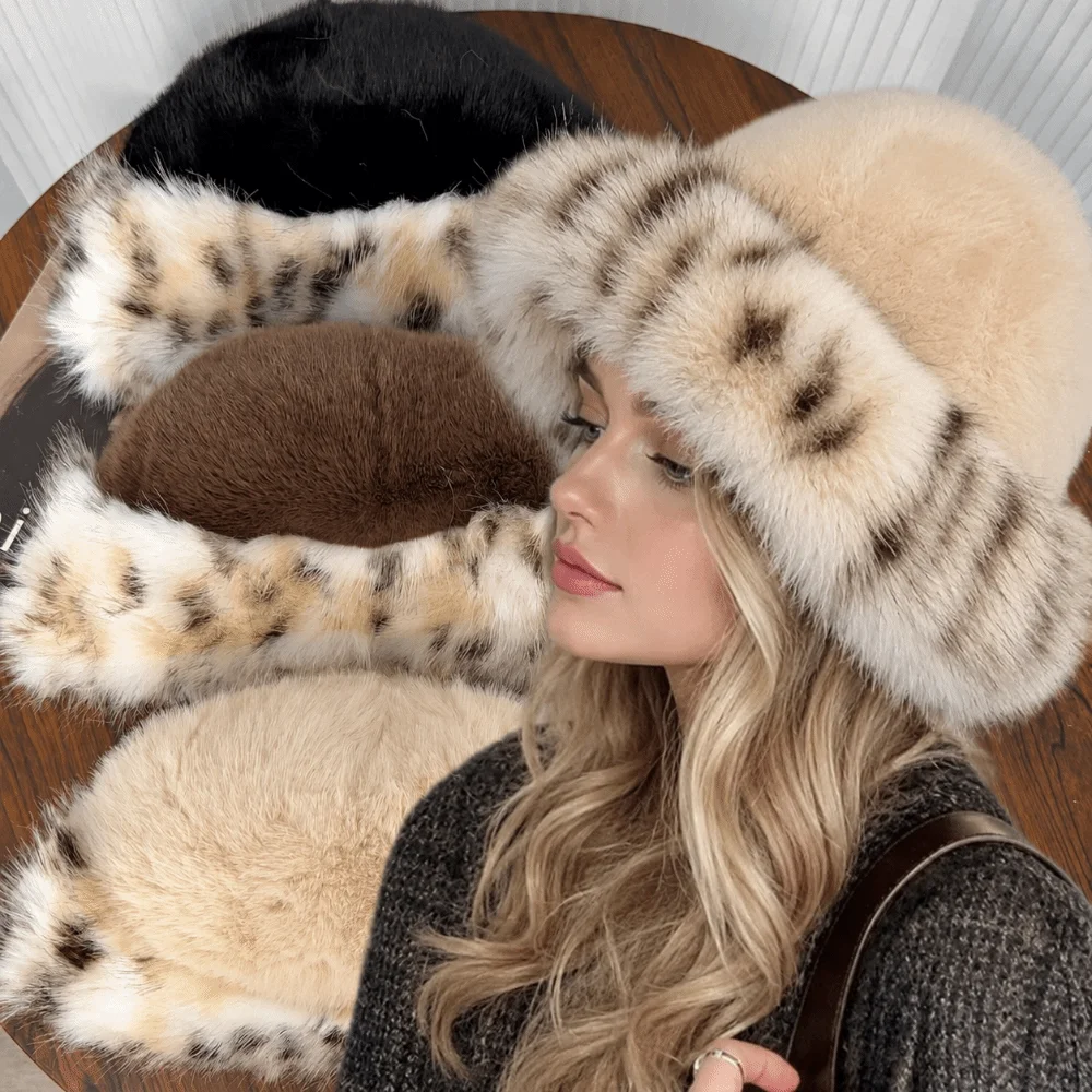 Fashion Fur Fur Cap Windproof Thicken Material Fluffy Bucket Hat Soft Lining Ear Flaps Warm Winter Hat Winter Outdoor