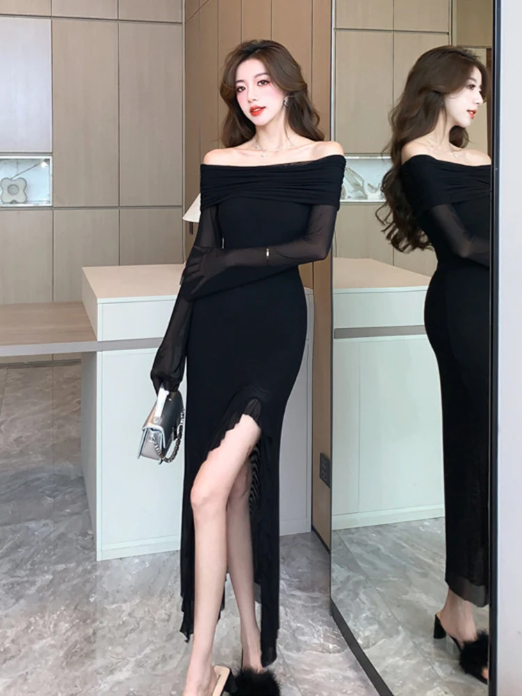 Women Clothes Mesh Black Sexy Off-Shoulder Skinny Maxi Long Evening Dress Elegant Lady Fashion Party Club Prom Vestidos Robe New