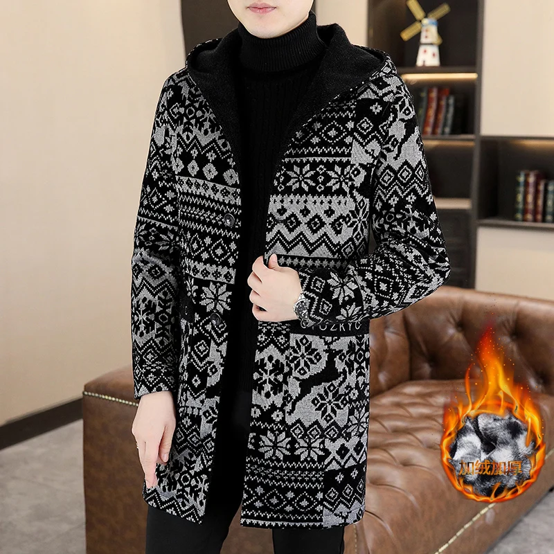 Autumn Winter New Casual Long Single-breasted Jacket Retro Hooded Print Wool Cardigan Overcoat Men Fashion Men Trench Coat