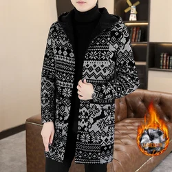 Autumn Winter New Casual Long Single-breasted Jacket Retro Hooded Print Wool Cardigan Overcoat Men Fashion Men Trench Coat