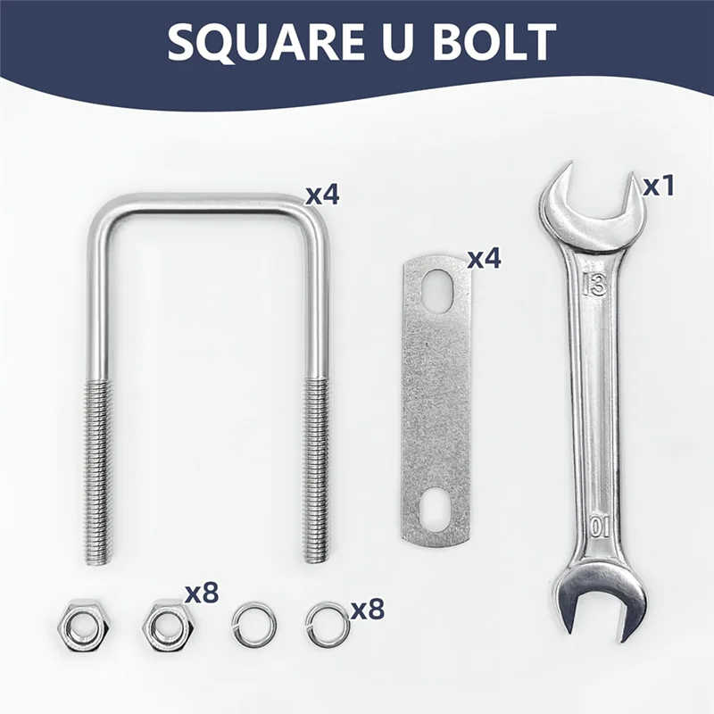 TFTP-M8 Square U-Bolts 4 Sets, 2 Inch Wide, 304 Stainless Steel, Includes Nuts, Bolt Plate And Washers