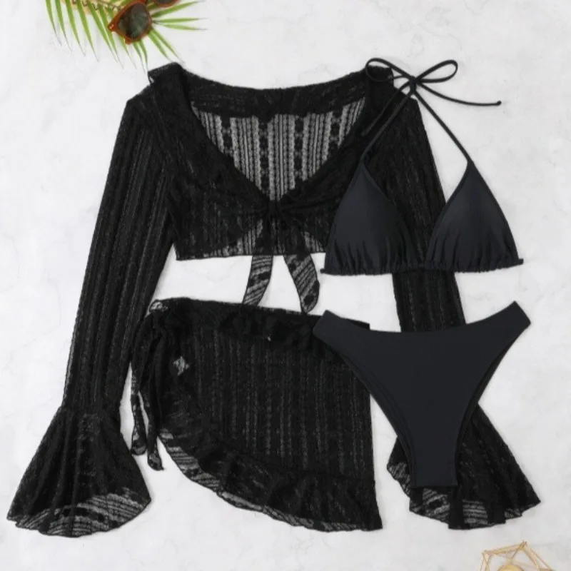 Neues 4-teiliges Spitzen-Bikini-Set für Damen, langärmelig, vertuscht, hoch taillierter Badeanzug, Strandmode ​