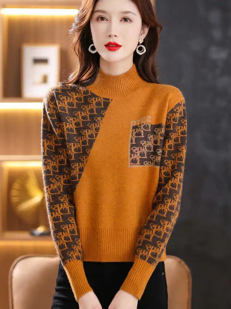 

Женский свитер с цветными блоками, пуловер с высоким воротом, вязаный топ, зимний интерьерный наряд, новый