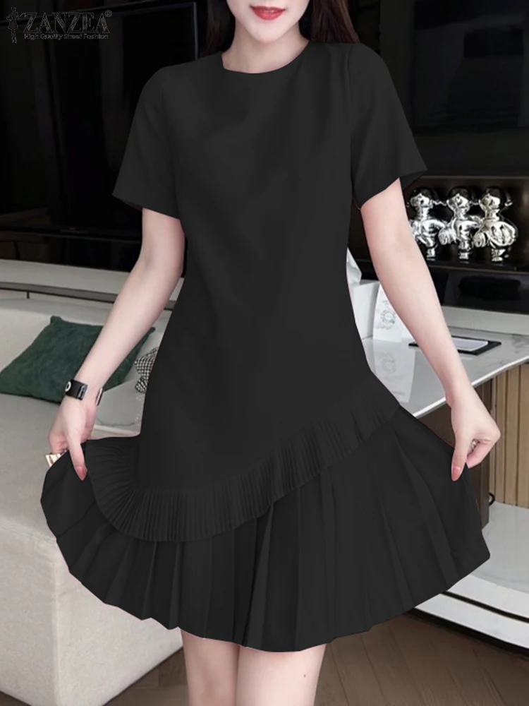 ZANZEA Elegant Women Short Sleeve Ruffles Hem Sundress 2024 Summer Dress Fashion Casual Solid Pleated Dresses A Line Vestidos