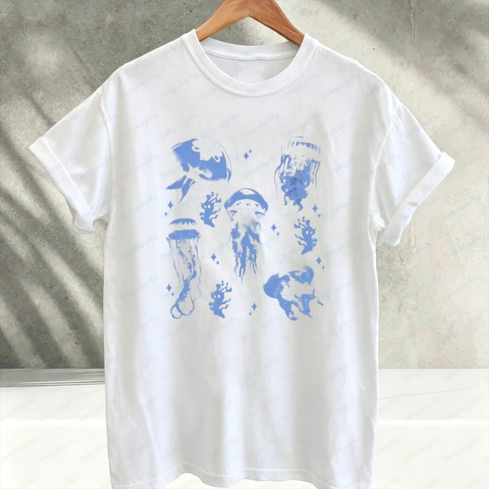 Blue Jellyfish Ocean Creature Graphic T‑Shirt Vintage Marine Life Art Tees Cotton Casual Loose Streetwear Tshirt for Sea Animal