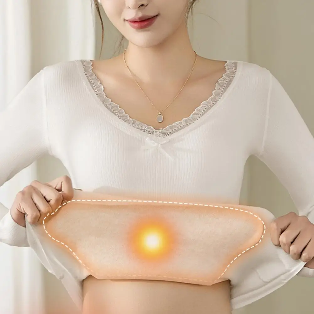 

Autumn Winter Women Blouse Bottoming Tops V-Neck Lace Trim Long Sleeve Slim Thermal Top Solid Color Padded Inner Layer Shirt