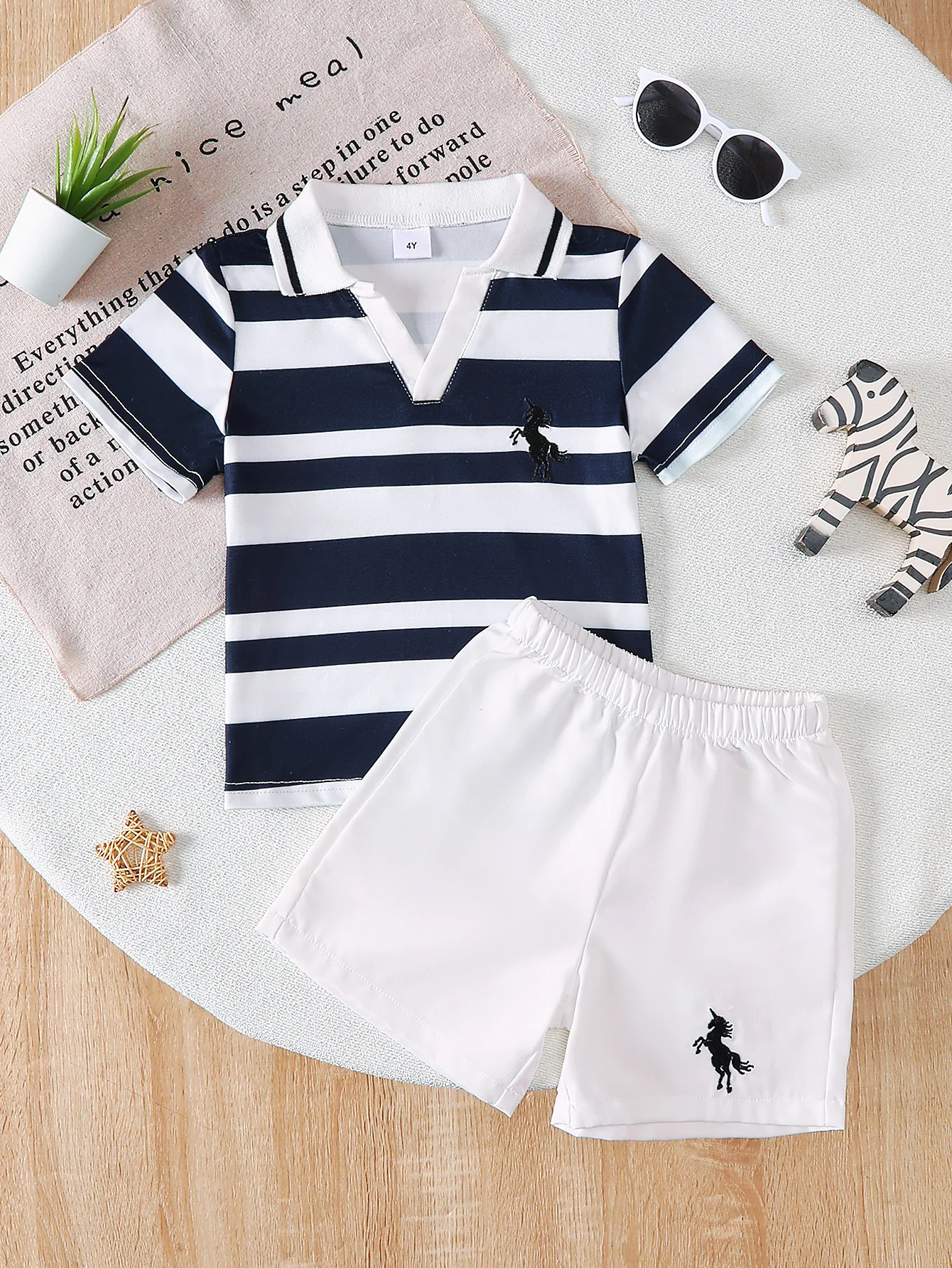 Young Boy's Blue and White Striped Two-Piece Set, Embroidered Pony, Small V-Neck Design Polo Shirt + White Sports Shorts Casual Set, Summer Children's Clothing